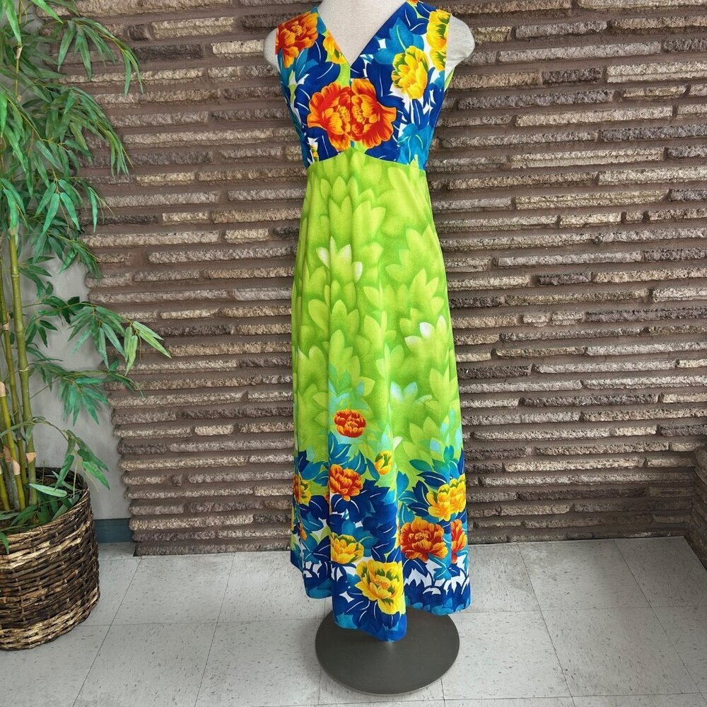 Malihini Hawaiian Dress Vintage 70s Maxi Sleeveless Floral Size 14 - Picture 9 of 10